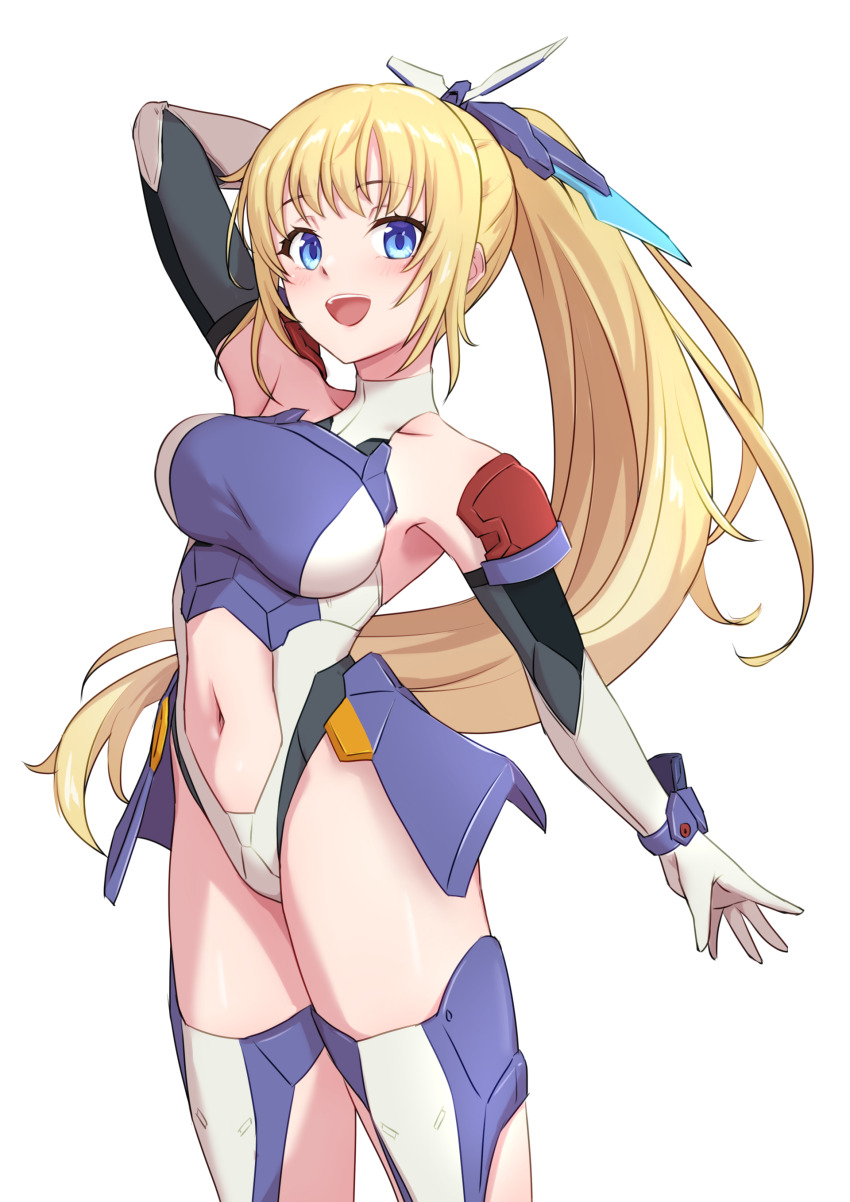 1girl :d absurdres arm_behind_head arm_up blonde_hair blue_eyes breasts clothing_cutout elbow_gloves gloves highres hutokumi large_breasts leotard long_hair looking_at_viewer navel navel_cutout open_mouth ponytail saeki_ritsuka simple_background smile solo sousai_shoujo_teien teeth thighhighs upper_teeth_only variant_set white_background white_gloves