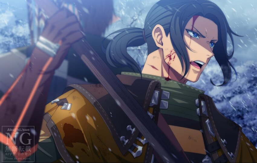 2boys akujiki59 back-to-back black_hair blood blood_on_face blue_eyes brown_gloves elezen elf final_fantasy final_fantasy_xiv furrowed_brow gloves guydelot_thildonnet holding holding_weapon hyur long_hair looking_ahead male_focus multiple_boys open_mouth pointy_ears ponytail sanson_smyth snowing solo_focus teeth upper_body upper_teeth_only v-shaped_eyebrows watermark weapon