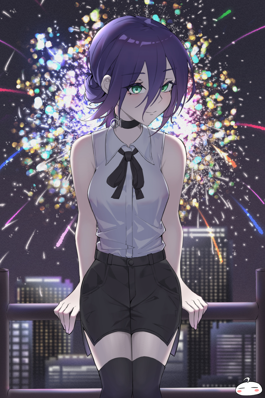 1girl absurdres aerial_fireworks black_choker black_ribbon black_shorts black_thighhighs chainsaw_man choker city closed_mouth collared_shirt fireworks green_eyes grenade_pin hair_between_eyes hair_bun highres looking_at_viewer neck_ribbon night purple_hair rain_coke05 reze_(chainsaw_man) ribbon shirt shorts sleeveless sleeveless_shirt solo thighhighs white_shirt