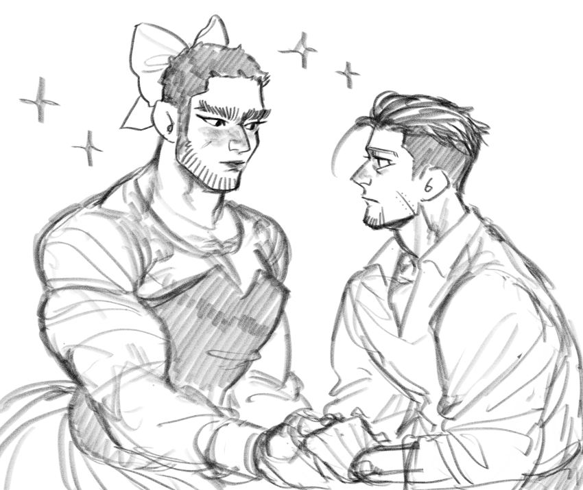 2boys absurdres bara beard_stubble buzz_cut chest_hair_peek collared_shirt cosplay couple crossdressing eye_contact facial_hair golden_kamuy graphite_(medium) greyscale highres holding_hands kasuke_(li_tgknk) lipstick looking_at_another loose_hair_strand makeup male_focus mature_male monochrome multiple_boys muscular muscular_male ogata_hyakunosuke parody shirt short_hair sketch snow_white snow_white_(disney) snow_white_(disney)_(cosplay) sparkle sparkling_aura stubble tanigaki_genjirou thick_eyebrows traditional_media upper_body very_short_hair yaoi