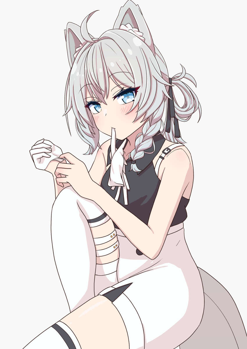 1girl absurdres adjusting_clothes adjusting_gloves ahoge animal_ear_fluff animal_ears bare_arms bare_shoulders black_ribbon black_shirt blue_eyes blush braid cheria collared_shirt dog_ears dog_girl dog_tail gloves grey_background grey_hair hair_ribbon half_gloves high-waist_shorts high-waist_skirt highres knee_up long_hair looking_at_viewer medium_hair mouth_hold one_side_up ribbon shinano_(vrchat) shirt shirt_tucked_in shorts side_braid simple_background single_glove sitting skirt sleeveless sleeveless_shirt solo tail thigh_strap thighhighs unworn_gloves vrchat white_background white_gloves white_shorts white_thighhighs wolf_ears wolf_girl