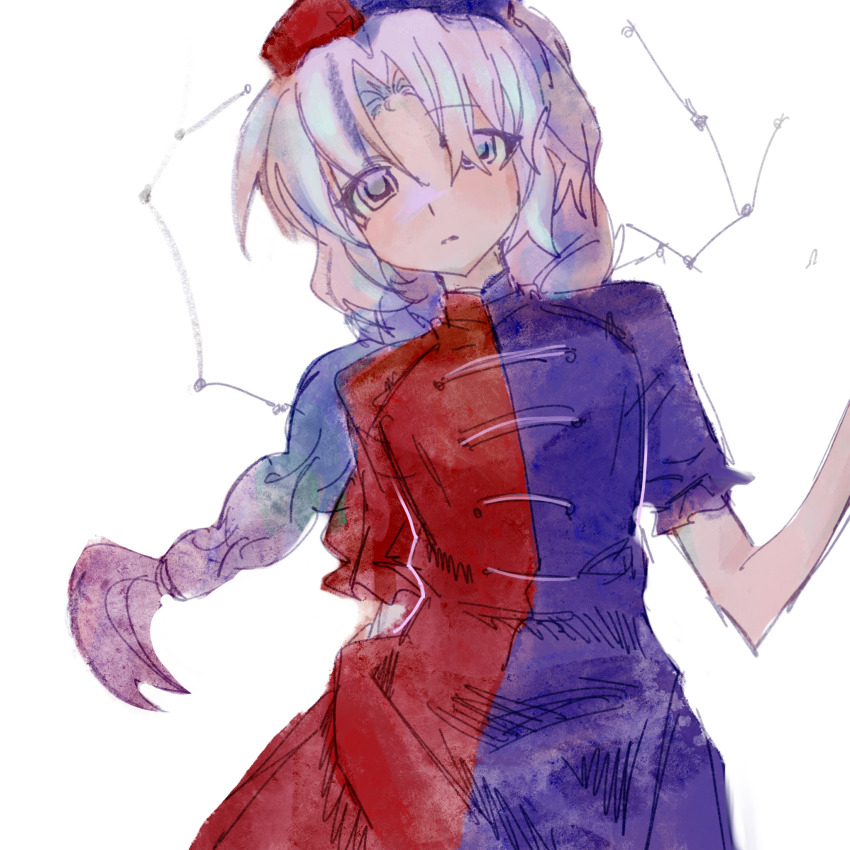 1girl bingkuaihei blue_dress blue_hat braid chinese_commentary commentary_request constellation constellation_request cowboy_shot curtained_hair dress frilled_sleeves frills hat highres long_hair parted_bangs red_dress red_hat short_sleeves solo split-color_clothes touhou two-tone_dress two-tone_hat white_background white_eyes white_hair yagokoro_eirin