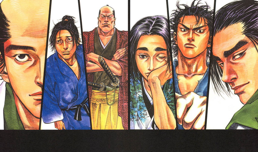 bald black_eyes black_hair crossed_arms everyone facial_hair frown gion_touji head_on_hand highres hon&#039;iden_matahachi inoue_takehiko japanese_clothes katana kimono long_hair looking_at_viewer looking_back male_focus miyamoto_musashi one_eye_closed ponytail sabre separate_images serious simple_background smile stubble sword teeth ueda_ryouhei vagabond wakizashi weapon wink yoshioka_denshichirou yoshioka_seijuurou