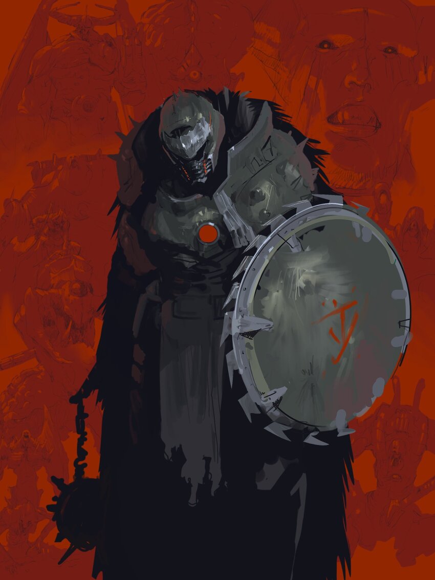 1boy ahzrak_(doom) armor doom:_the_dark_ages doom_(series) doomguy green_armor highres revenant_(doom) rintaro_komori shield shoulder_spikes spiked_armor spikes vagary_(doom)
