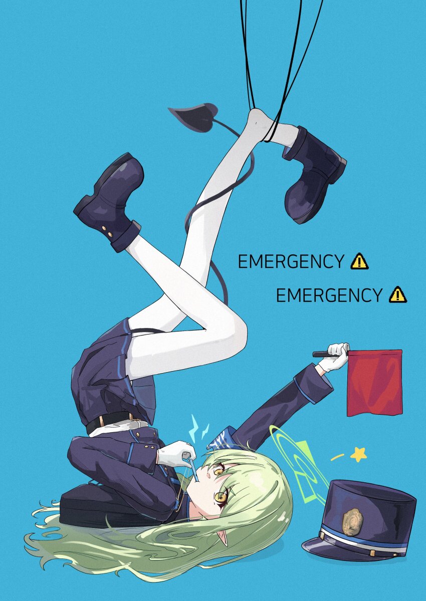 1girl absurdres armband black_tail blowing_whistle blue_archive blue_armband blue_background blue_hat blue_jacket blue_shoes blue_skirt demon_tail english_text flag gloves green_hair halo hat highres hikari_(blue_archive) holding holding_flag holding_whistle jacket kiroshi legs_up long_hair long_sleeves looking_at_viewer lying on_back pantyhose pointy_ears shoes simple_background skirt solo tail unworn_headwear whistle white_gloves white_pantyhose yellow_eyes
