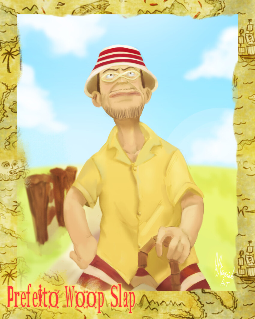 1boy border brown_hair cane character_name closed_mouth cloud cloudy_sky day facial_hair glasses hat highres holding holding_cane looking_up one_piece ship shirt short_hair short_sleeves sky solo stick strayzinho striped_clothes striped_headwear watercraft woop_slap yellow_shirt