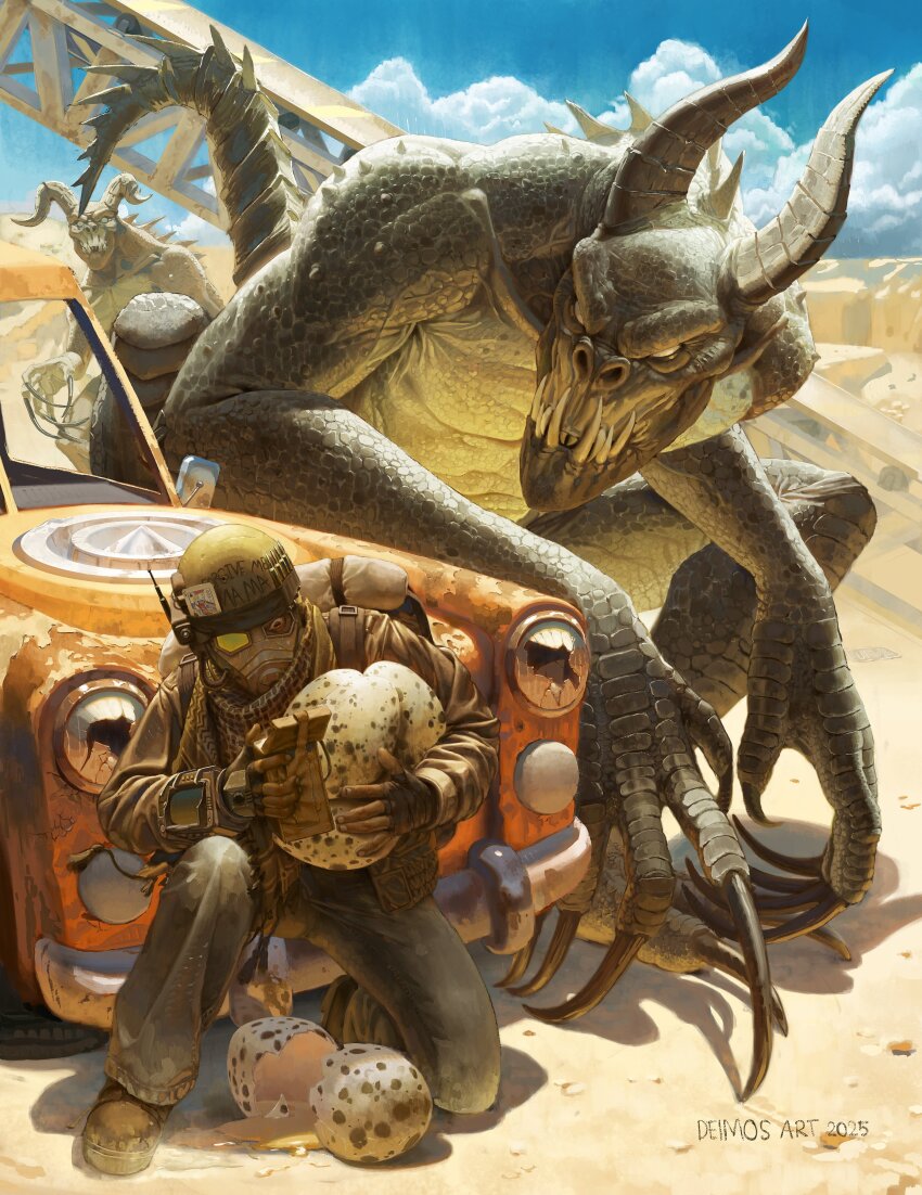 1boy 2025 absurdres artist_name boots broken_egg brown_boots c4 car card claws courier_(fallout:_new_vegas) deathclaw deimos_art denim desert duster egg explosive fallout fallout:_new_vegas flat_tire gas_mask helmet highres holding holding_egg horns huge_claws huge_egg jeans keffiyeh mask monster motor_vehicle on_one_knee pants pip_boy playing_card size_difference tail wreckage wrist_computer