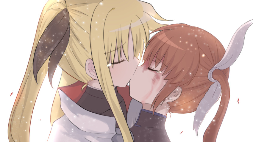2girls blonde_hair brown_hair bruise bruise_on_face capelet cloak couple closed_eyes fate_testarossa highres injury kiss lyrical_nanoha mahou_shoujo_lyrical_nanoha mahou_shoujo_lyrical_nanoha_a&#039;s multiple_girls short_twintails simple_background takamachi_nanoha tears twintails white_background yachi696969 yuri