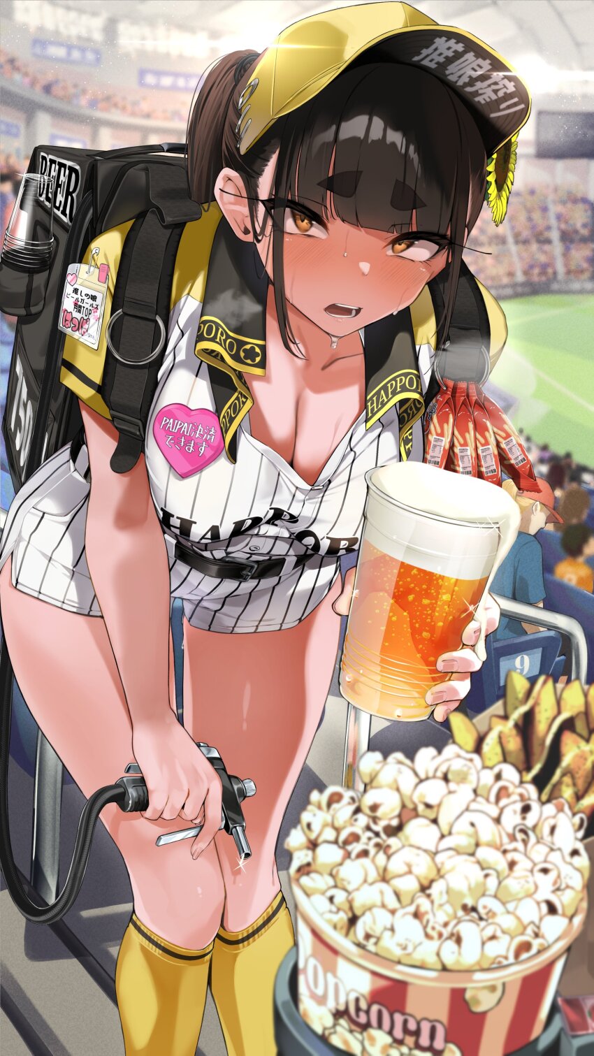2boys 2girls absurdres alcohol backpack bag baseball_stadium beer black_hair blonde_hair blunt_bangs blush breasts brown_eyes brown_hair cleavage commentary_request crowd cup disposable_cup food hat highres holding holding_cup jovejun large_breasts leaning_forward long_hair looking_at_viewer multiple_boys multiple_girls open_mouth original ponytail popcorn shorts socks solo_focus sweat thick_eyebrows translation_request yellow_socks