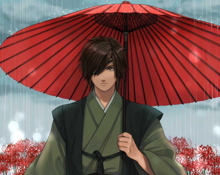 brown_eyes brown_hair date_masamune eyepatch flower japanese_clothes kimono male_focus rain sengoku_musou swept_bangs umbrella