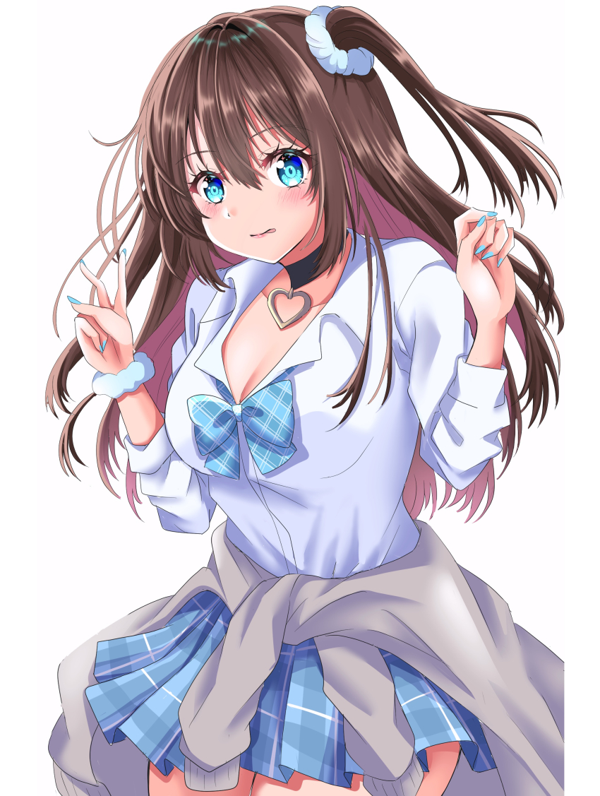 1girl absurdres black_choker blue_bow blue_bowtie blue_eyes blue_nails blue_scrunchie blue_skirt bow bowtie breasts brown_hair cardigan cardigan_around_waist choker cleavage clenched_hand clothes_around_waist collarbone collared_shirt commentary cowboy_shot dress_shirt grey_cardigan gyaru hair_intakes hair_ornament hair_scrunchie heart heart_choker highres kogal large_breasts long_hair looking_at_viewer loose_bowtie love_live! love_live!_nijigasaki_high_school_idol_club maymaru miniskirt nail_polish official_alternate_costume one_side_up osaka_shizuku plaid_bow plaid_bowtie plaid_clothes plaid_skirt pleated_skirt school_uniform scrunchie shirt skirt solo standing three-quarter_sleeves v white_shirt wrist_scrunchie