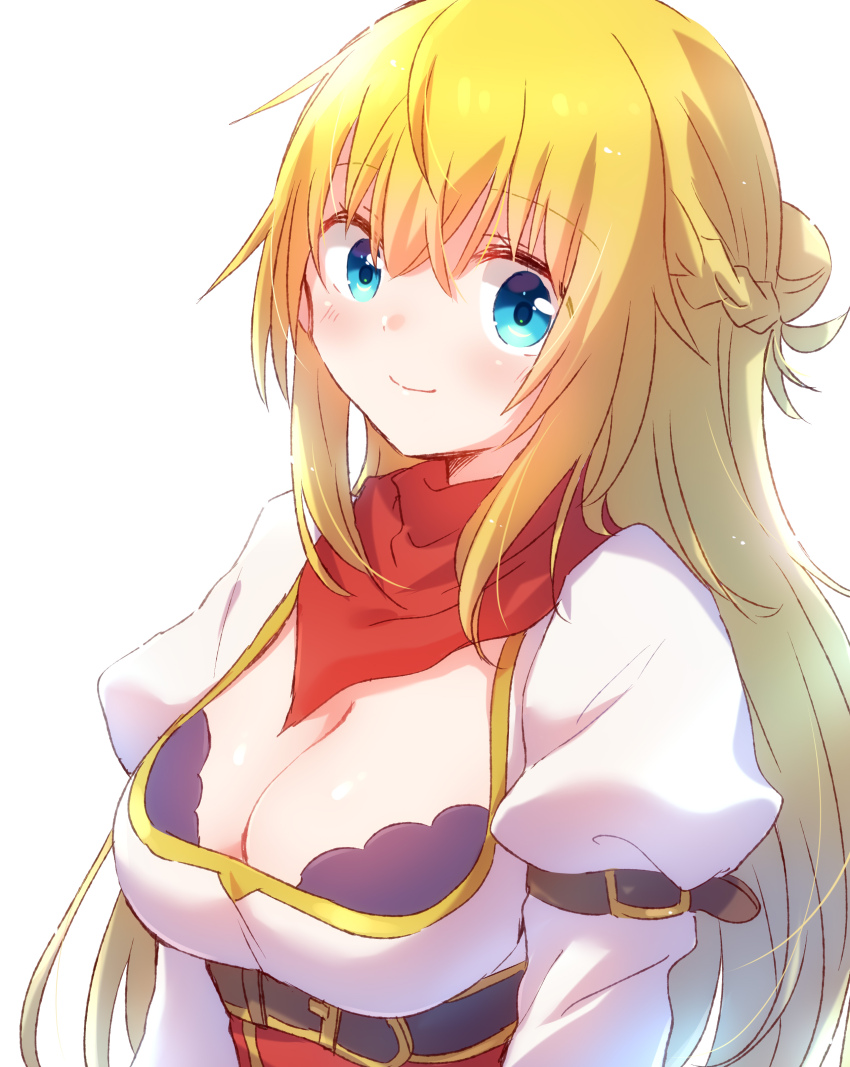 1girl absurdres arm_belt bandana bandana_around_neck belt blonde_hair blue_eyes bra bra_peek braid breasts brown_belt cleavage closed_mouth commentary_request corset highres juliet_sleeves large_breasts long_sleeves looking_at_viewer nyaa_(nnekoron) puffy_sleeves red_bandana red_corset rit_(shin_no_nakama) shin_no_nakama_janai_to_yuusha_no_party_wo_oidasareta_no_de_henkyou_de_slow_life_suru_koto_ni_shimashita simple_background smile solo underwear upper_body white_background