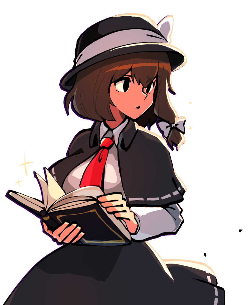 1girl black_capelet black_eyes black_hat black_skirt book braid brown_hair capelet collared_shirt hat hat_ribbon highres holding holding_book iganashi1 looking_to_the_side necktie one-hour_drawing_challenge open_mouth red_necktie ribbon shirt short_hair side_braid simple_background single_braid skirt solo touhou upper_body usami_renko white_background white_ribbon white_shirt