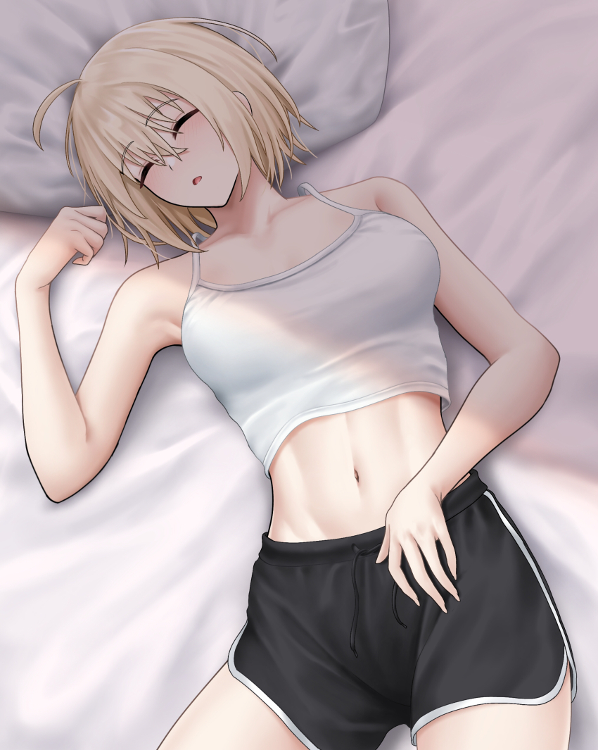 1girl absurdres azur_lane banba_(jakqbigone) bare_shoulders bataan_(azur_lane) black_shorts blonde_hair blush breasts clenched_hand closed_eyes commentary_request crop_top hair_between_eyes hand_up highres legs_apart lying medium_breasts medium_hair midriff navel on_back on_bed open_mouth short_shorts shorts sleeping solo spaghetti_strap stomach thighs