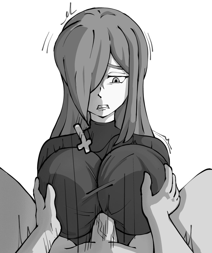 1girl black_sweater breasts clothed_female_nude_male cross grabbing_another&#039;s_breast groping hair_over_face hair_over_one_eye half-closed_eyes highres huge_breasts long_hair looking_to_the_side nude paizuri paizuri_over_clothes parasoul_(skullgirls) pov ryehry skullgirls straddling_paizuri straight_hair sweater upper_body white_background