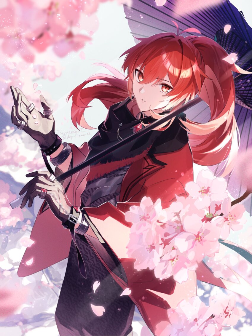 1boy alternate_costume antenna_hair black_gloves black_scarf blurry bracelet branch cherry_blossoms depth_of_field diluc_(genshin_impact) falling_petals flower from_above genshin_impact gloves grey_kimono hair_between_eyes hands_up haori high_ponytail highres holding holding_umbrella japanese_clothes jewelry kimono long_hair long_sleeves looking_at_viewer male_focus multiple_rings oil-paper_umbrella outdoors parted_lips petals pink_flower pink_petals ponytail print_kimono red_brooch red_eyes red_hair red_haori ring sayagata scarf solo tsuyukusa_(eeta7273) twitter_username umbrella wide_sleeves