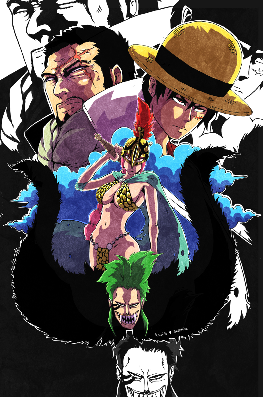 1girl 3boys absurdres armor bartolomeo bikini_armor black_hair blind breasts cape cleavage dressrosa elbow_pads face_piercing facial_hair facial_tattoo fangs fujitora_(one_piece) fur gladiator goatee green_hair grin hat helmet highres large_breasts long_hair monkey_d._luffy multi-tied_hair multiple_boys navel nose_piercing nose_ring one_piece partially_colored piercing pink_hair plume prince_rours rebecca_(one_piece) scar short_hair signature smile straw_hat sword tattoo torn_cape torn_clothes weapon zoom_layer