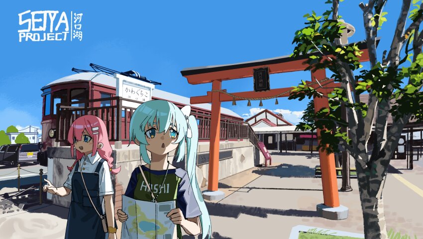 2girls absurdres bag blue_dress blue_eyes blue_hair bow braid car day dress hair_bow hair_ornament hairclip highres holding holding_map jewelry krisame_amane low_twin_braids map motor_vehicle multiple_girls necklace open_mouth original outdoors pinafore_dress pink_hair pointing rope scenery shadow shimenawa shirt short_sleeves side_ponytail sidelighting sleeveless sleeveless_dress streetcar torii tree twin_braids white_bow white_shirt