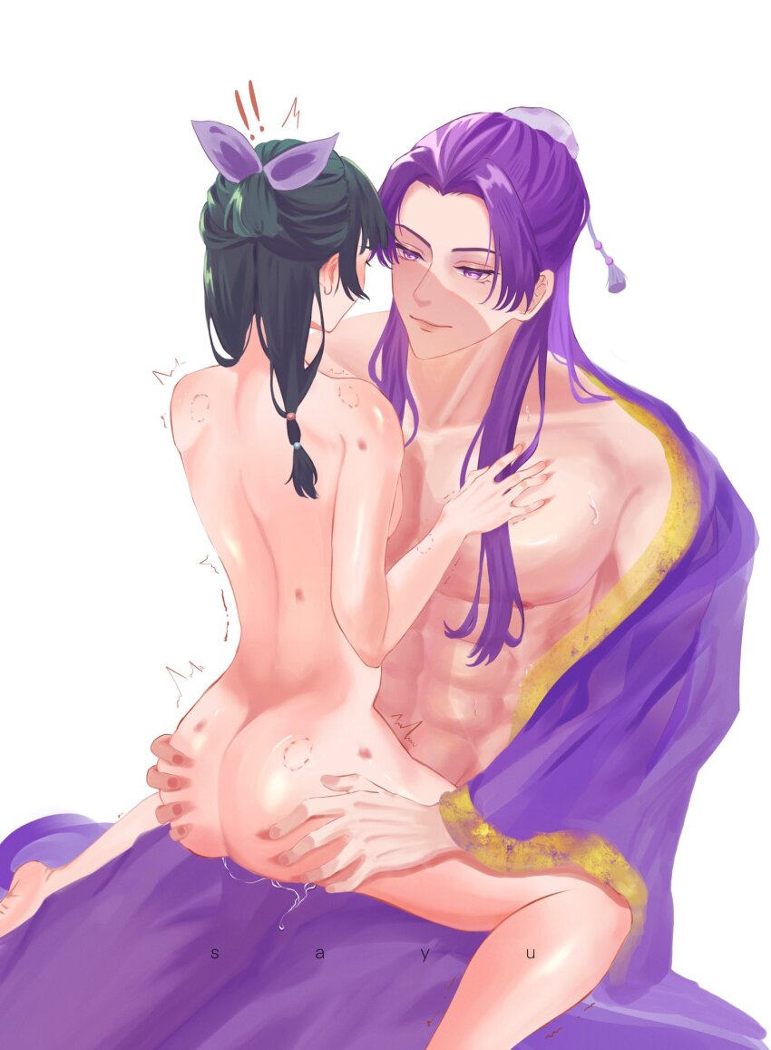 1boy 1girl abs ass black_hair chinese_clothes forehead green_hair highres jinshi_(kusuriya_no_hitorigoto) kusuriya_no_hitorigoto long_hair long_sleeves maomao_(kusuriya_no_hitorigoto) muscular muscular_male purple_eyes purple_hair sayuu131 scar scar_on_back scar_on_shoulder sex