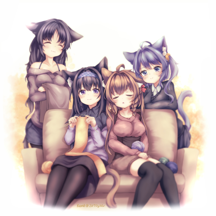 2o7dg8er 4girls animal_ear_fluff animal_ears arashio_(azur_lane) asashio_(azur_lane) azur_lane bare_shoulders black_hair blue_eyes blue_hair braid cat_ears cat_girl cat_tail closed_eyes closed_mouth hair_ribbon highres knitting knitting_needle leaning_on_person long_hair medium_hair michishio_(azur_lane) multiple_girls needle ooshio_(azur_lane) orange_hair parted_lips purple_eyes red_ribbon ribbon sitting sleeping sleeping_on_person sleeping_upright smile tail