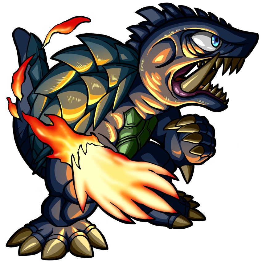 amputee banishing_fist banishing_sword blue_eyes chibi daiei_film energy energy_arm energy_fist fire gamera gamera_(series) gamera_3:_revenge_of_iris glowing highres kaiju no_humans plasma prosthesis prosthetic_arm qunqing_jing roaring simple_background tail turtle turtle_shell tusks white_background