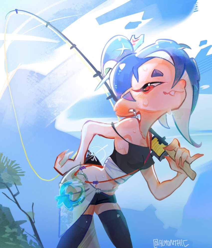 1girl almonthic black_shorts black_thighhighs blue_sky closed_mouth commentary crop_top earrings english_commentary fang fang_out fish_hook_earrings fishing_rod hair_over_one_eye highres holding holding_fishing_rod jewelry leaning_forward long_hair looking_at_viewer navel nintendo octoling official_alternate_costume outdoors shiver_(splatoon) shiver_(splatoon_raiders) short_eyebrows short_shorts shorts single_earring sky smile solo splatoon_(series) splatoon_raiders tentacle_hair thick_eyebrows thighhighs topknot