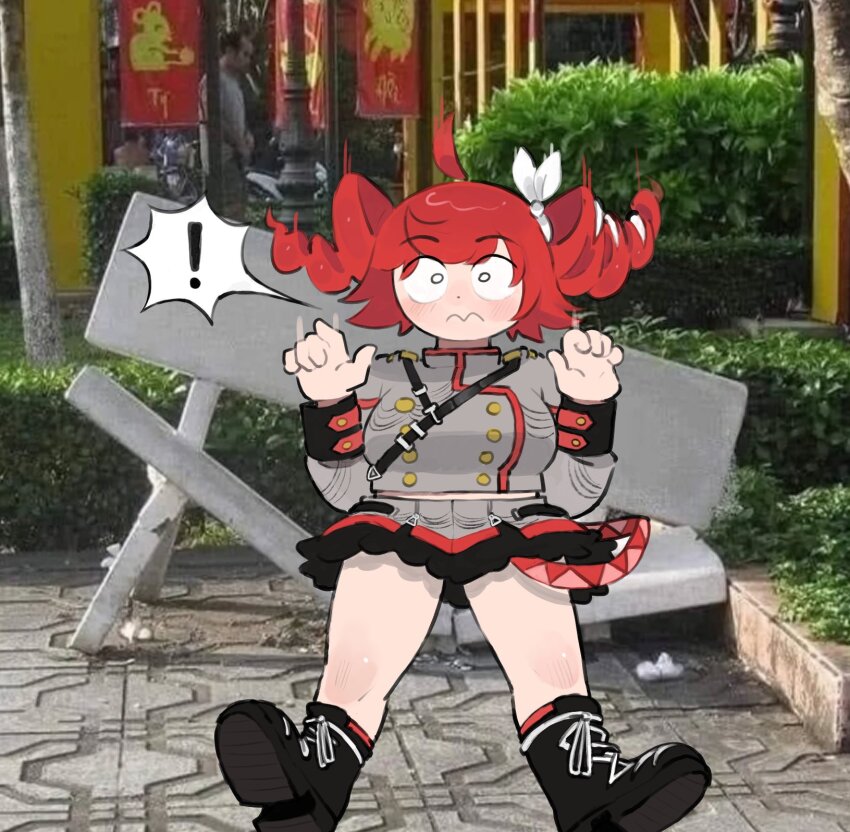 ! 0w0 black_shoes blush breasts broken_chair drill_hair fat fat_joke grass grey_shirt grey_skirt hands_up highres kasane_teto kasane_teto_(sv) large_breasts long_sleeves meme mitsuko_tan photo_background red_hair shirt shoes skirt synthesizer_v tree twin_drills utau vietnam