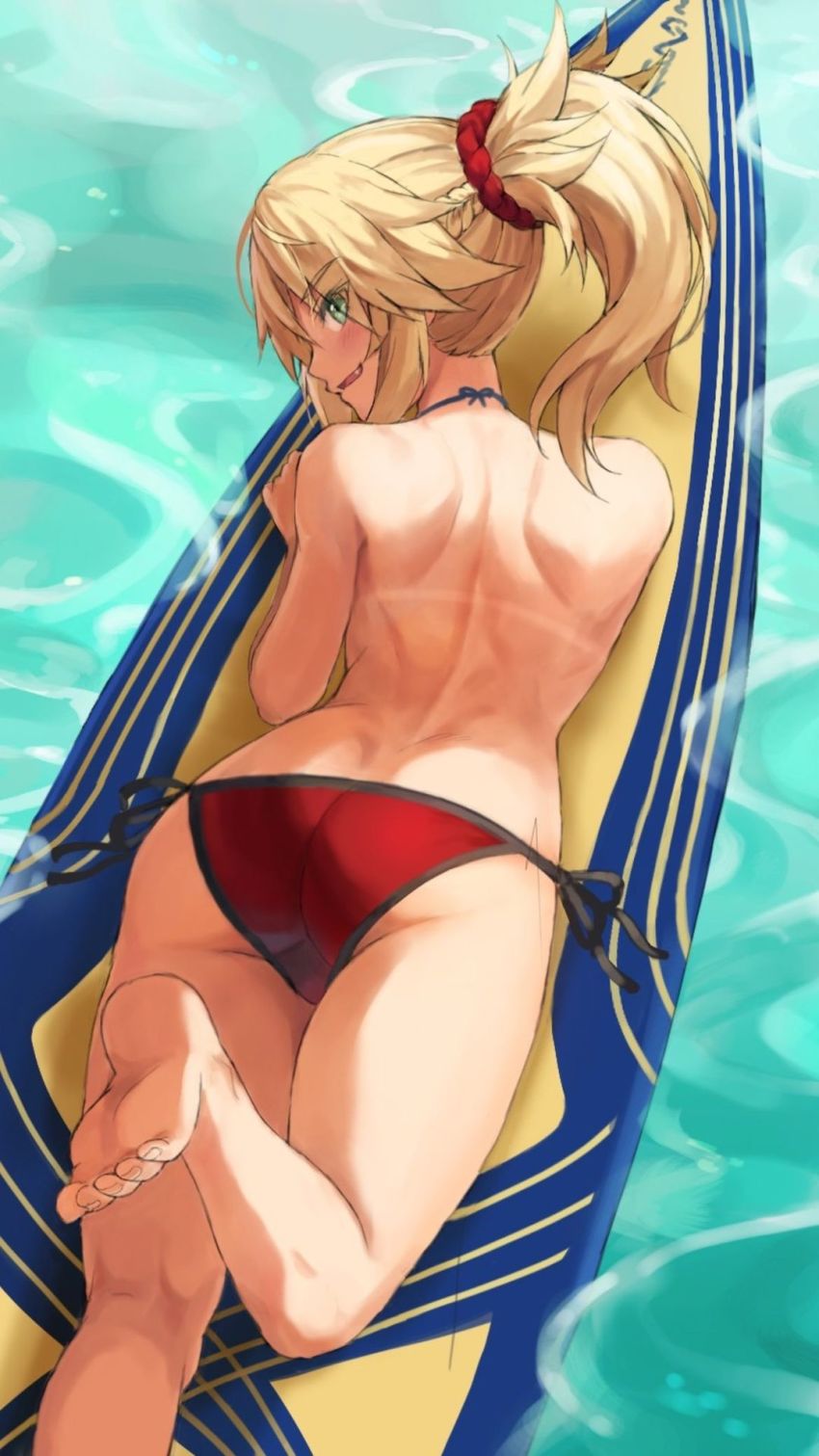 1girl back bikini blonde_hair braid fate/grand_order fate_(series) feet green_eyes highres leg_up looking_at_viewer looking_back lying mordred_(fate) mordred_(fate/apocrypha) mordred_(swimsuit_rider)_(fate) mordred_(swimsuit_rider)_(first_ascension)_(fate) on_stomach panties ponytail prydwen_(fate) red_bikini red_panties red_scrunchie scrunchie side-tie_bikini_bottom soles surfboard swimsuit tan tanline the_pose tonee topless_female underwear water