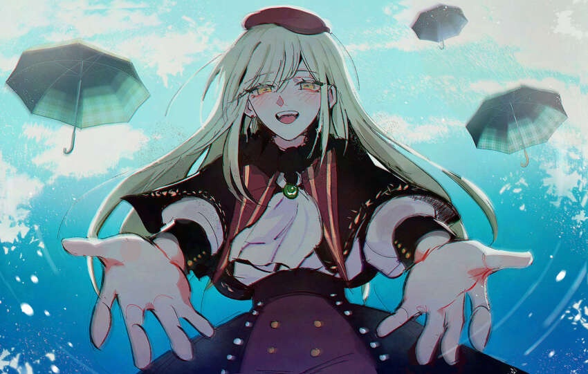 1girl ascot bang_dream! bang_dream!_it&#039;s_mygo!!!!! beret black_capelet black_skirt blush capelet earrings green_brooch green_hair hat highres jewelry long_hair looking_at_viewer maybecrosswise mortis_(bang_dream!) mortis_(costume)_(bang_dream!) mortis_(persona)_(bang_dream!) open_mouth reaching reaching_towards_viewer red_hat red_shorts shorts skirt solo teeth umbrella upper_teeth_only wakaba_mutsumi white_ascot