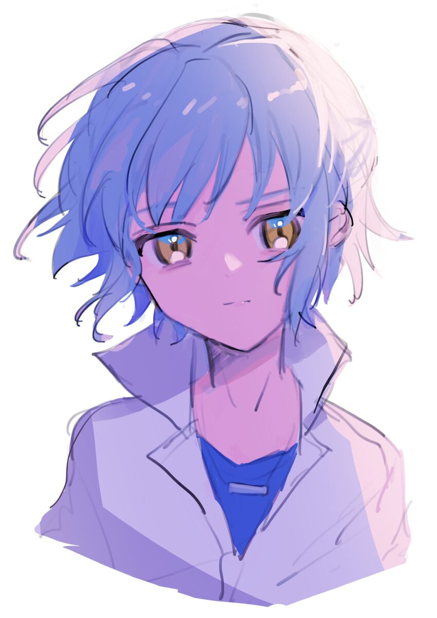 1boy aged_down blue_hair blue_shirt child closed_mouth highres jacket jewelry light_blue_hair looking_at_viewer mahoutsukai_no_yakusoku male_focus necklace nero_turner piza-chan shirt short_hair solo white_background white_jacket yellow_eyes