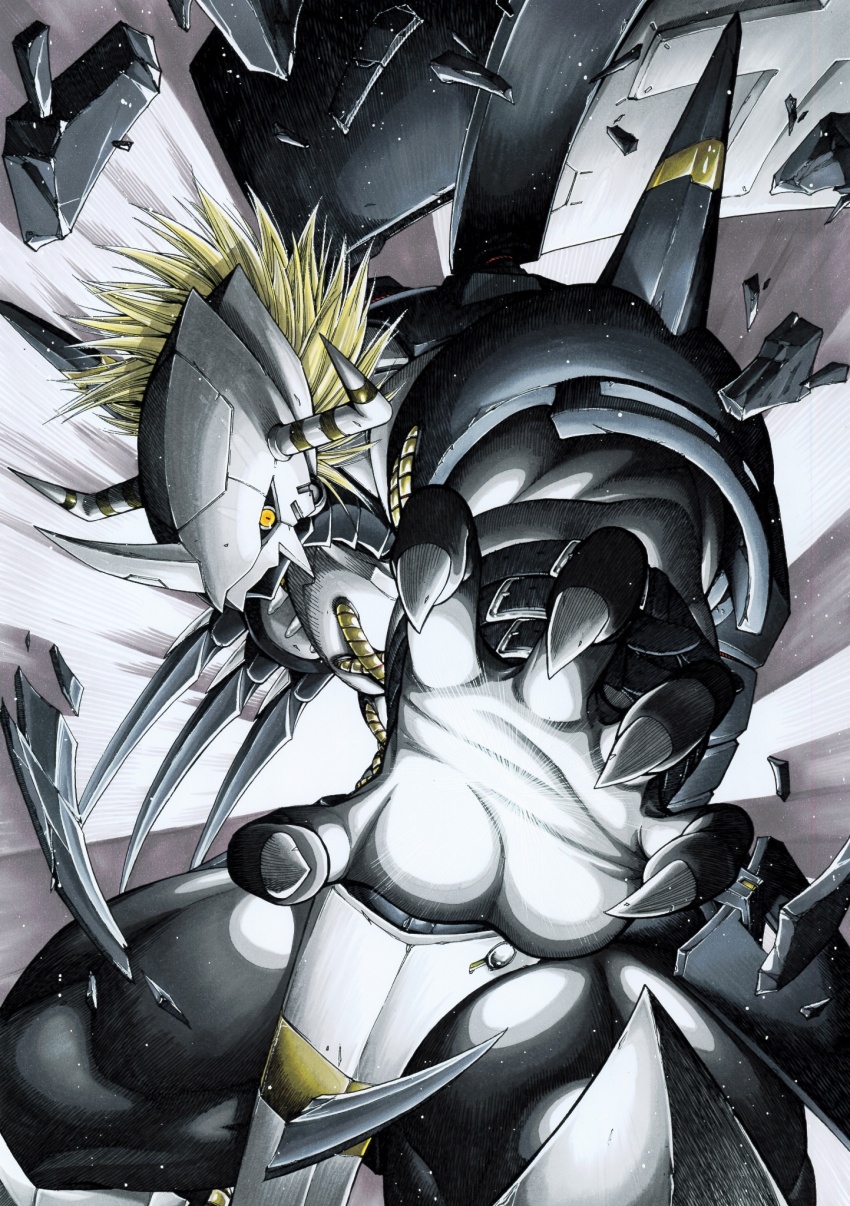 armor black_armor black_skin blackwargreymon blonde_hair claw_(weapon) colored_skin cowboy_shot digimon digimon_(creature) dragon gauntlets helmet highres horns miura_satoru short_hair simple_background weapon white_background yellow_eyes