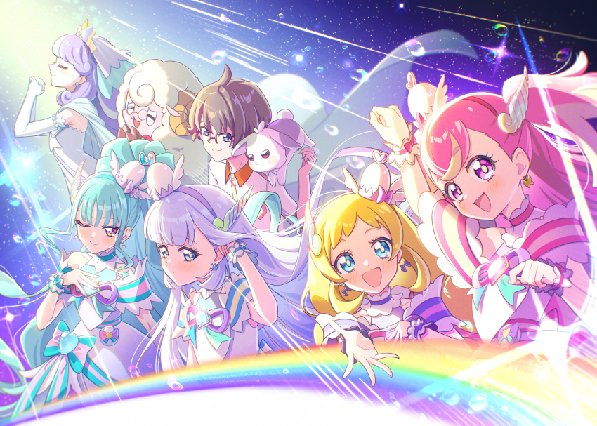 3boys 5girls absurdres aqua_choker aqua_hair blonde_hair blue_bow blue_bowtie blue_cape blue_choker blue_eyes blush bow bowtie braid brooch brown_hair cape choker closed_eyes closed_mouth collared_shirt commentary_request crown_earrings cure_friendy cure_friendy_(diamond_ribbon_style) cure_lillian cure_lillian_(diamond_ribbon_style) cure_nyammy cure_nyammy_(diamond_ribbon_style) cure_wonderful cure_wonderful_(diamond_ribbon_style) daifuku_(precure) dress earrings egg_hair_ornament elbow_gloves food-themed_hair_ornament glasses gloves hair_ornament highres inukai_iroha inukai_komugi jewelry long_hair low_twin_braids magical_girl mehmeh_(wonderful_precure!) multicolored_hair multiple_boys multiple_girls neck_ribbon nekoyashiki_mayu nekoyashiki_yuki nico-sama one_eye_closed open_mouth partial_commentary pearl_earrings pink_choker pink_eyes pink_hair precure purple_choker purple_eyes purple_hair rabbit red-framed_eyewear red_eyes ribbon rice_rabbit22 semi-rimless_eyewear sheep_boy shirt short_hair side_ponytail smile tiara toyama_daifuku toyama_satoru twin_braids two-tone_hair two-tone_ribbon two_side_up white_dress white_gloves white_hair wonderful_precure! wrist_cuffs yellow_shirt
