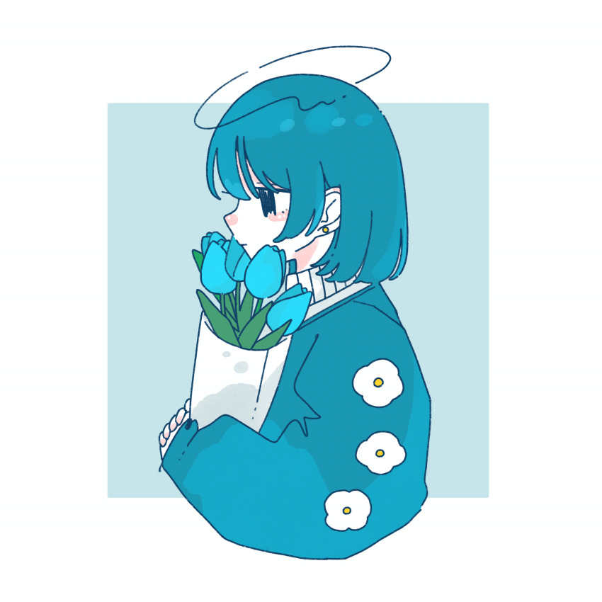 1girl :| absurdres black_eyes blue_background blue_flower blue_hair blue_jacket blue_tulip bouquet closed_mouth cropped_torso earrings expressionless flower from_side halo highres holding holding_bouquet hugging_object jacket jewelry long_bangs long_sleeves original short_hair solo sskitaco stud_earrings sweater tulip two-tone_background white_background white_flower white_sweater