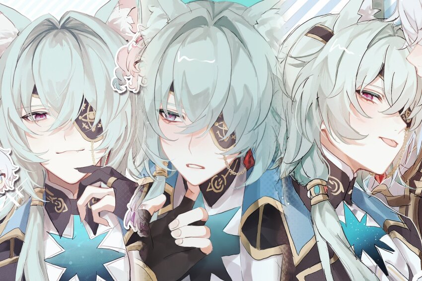 2boys anaxa_(honkai:_star_rail) animal_ears aqua_hair cat_boy cat_ears closed_mouth eyepatch fz7047 hair_between_eyes highres honkai:_star_rail honkai_(series) male_focus multiple_boys multiple_views one_eye_covered parted_lips phainon_(honkai:_star_rail) pink_pupils smile solo solo_focus teeth tongue tongue_out upper_body