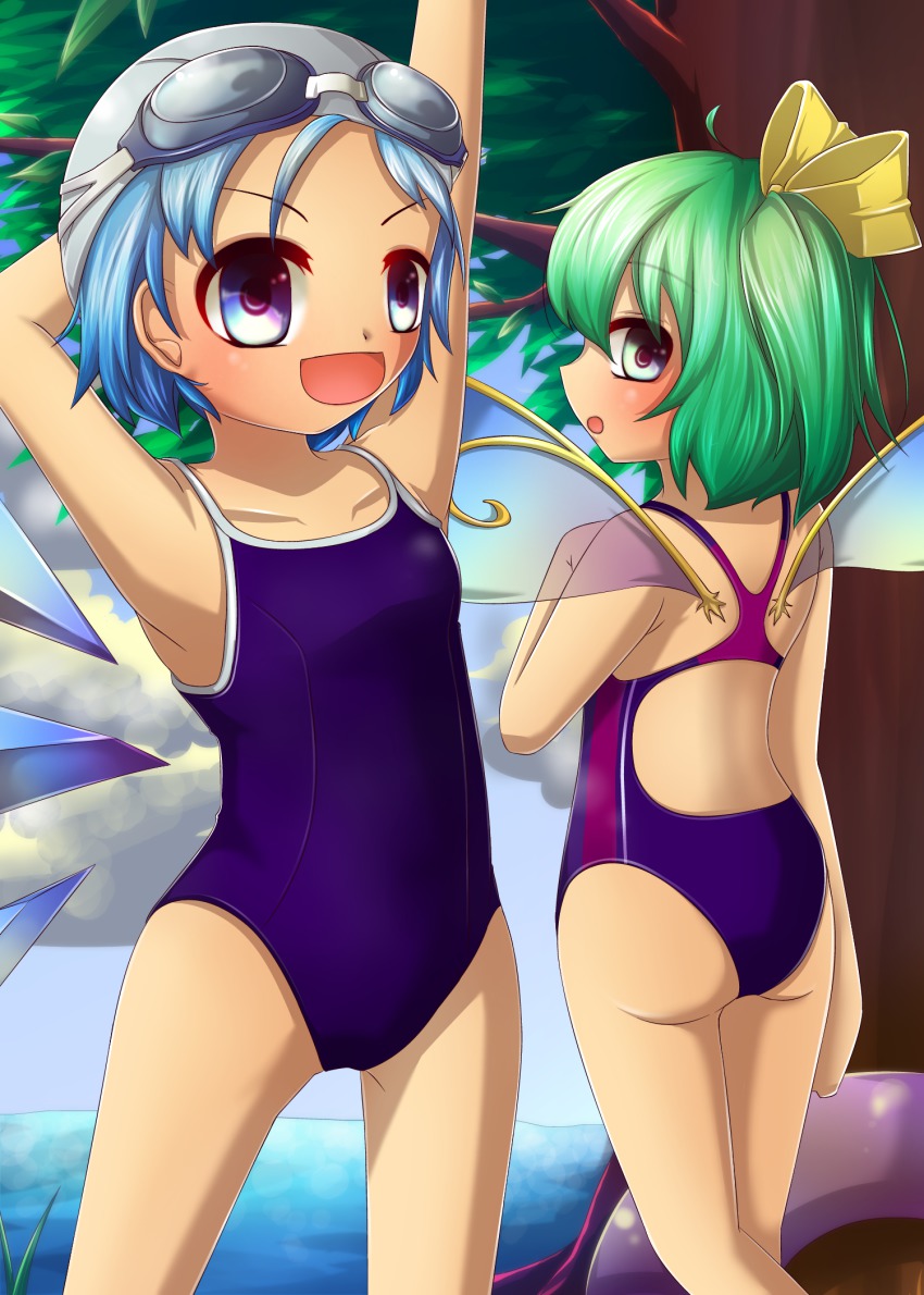 2girls :d :o arms_behind_head arms_up ass blade_of_grass blue_eyes blue_hair bow cirno cloud cloudy_sky competition_school_swimsuit competition_swimsuit daiyousei day fairy fairy_wings goggles goggles_on_head green_eyes green_hair hair_bow highres ice ice_wings kakiikada looking_at_viewer looking_back multiple_girls one-piece_swimsuit open_mouth school_swimsuit shore side_ponytail sky smile swim_cap swimsuit touhou tree wings