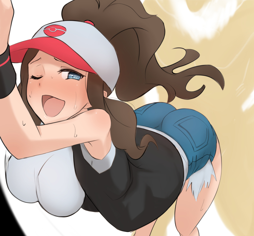 1girl ass bare_shoulders baseball_cap black_vest blue_eyes blush breasts brown_hair denim denim_shorts female_focus gen_1_pokemon hat high_ponytail hilda_(pokemon) huge_ass hypno large_breasts long_hair looking_back nintendo one_eye_closed open_mouth pink_hat pokemon pokemon_bw ponytail shirt shorts smile solo sweat thighs two-tone_headwear vanishingknife vest white_hat white_shirt wristband