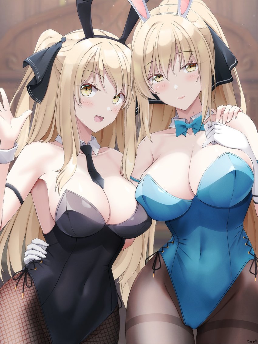2girls alt_text animal_ears ao_no_kanata_no_four_rhythm black_bow black_bowtie black_leotard black_pantyhose black_ribbon blonde_hair blue_bow blue_bowtie blue_leotard blush borrowed_character bow bowtie breasts brown_eyes collarbone commission covered_navel detached_collar fake_animal_ears fishnet_legwear fishnets hair_between_eyes hair_ribbon hand_on_another&#039;s_waist hand_on_own_chest high_ponytail highleg highleg_leotard highres keenh large_breasts leotard long_hair looking_at_viewer mature_female mother_and_daughter multiple_girls open_mouth original pantyhose playboy_bunny ponytail rabbit_ears ribbon satou_mayumi_(rc_f) satouin_reiko side-tie_leotard smile strapless strapless_leotard thighband_pantyhose two_side_up wrist_cuffs