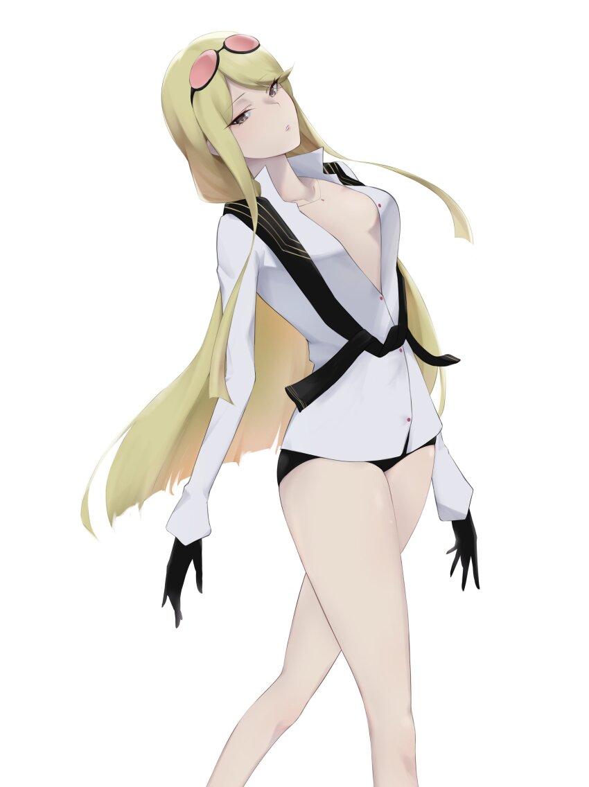 1girl absurdres black_scarf black_shorts blonde_hair breasts cleavage digimon digimon_story:_cyber_sleuth eyewear_on_head highres kuremi_kyouko long_hair medium_breasts scarf shirt short_shorts shorts simple_background solo white_background white_shirt zigma_s