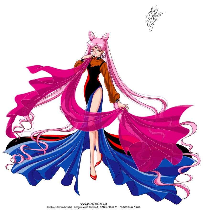 1girl aged_up bishoujo_senshi_sailor_moon bishoujo_senshi_sailor_moon_r black_dress black_lady_(sailor_moon) chibi_usa cone_hair_bun crescent crescent_facial_mark crystal_earrings dark_persona double_bun dress earrings facial_mark forehead_mark hair_bun highres jewelry lipstick long_hair makeup marco_albiero pink_hair pink_sailor_collar red_eyes sailor_collar side_slit solo twintails very_long_hair