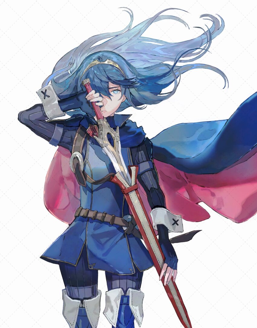 1girl aisutabetao blue_cape blue_eyes blue_gloves blue_hair brand_of_the_exalt cape closed_mouth falchion_(fire_emblem) fingerless_gloves fire_emblem fire_emblem_awakening floating_hair gloves hair_between_eyes highres holding holding_sheath holding_sword holding_weapon long_hair long_sleeves looking_at_viewer lucina_(fire_emblem) nintendo red_cape sheath solo sword symbol_in_eye tiara two-tone_cape unsheathing weapon
