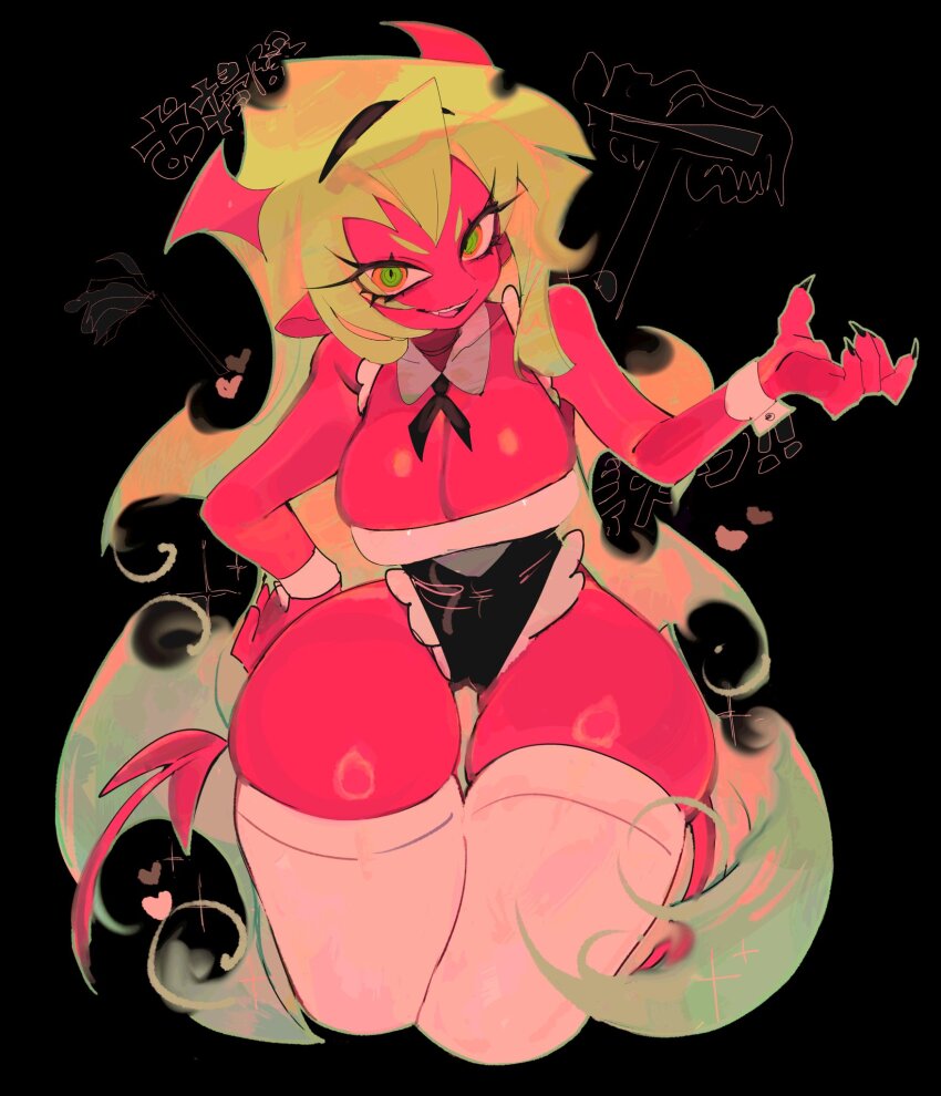 1girl alternate_costume apron black_background black_dress bow breasts cleavage colored_skin commentary demon_girl demon_horns demon_tail dress dust english_commentary enmaided fingernails frilled_apron frills green_eyes green_hair highres horns large_breasts long_hair looking_at_viewer maid maid_headdress mop panty_&amp;_stocking_with_garterbelt red_skin ribbon scanty_(psg) sharp_fingernails simple_background smile solo standing tail thick_thighs thighhighs thighs unconventional_maid usa37107692 very_long_hair wrist_cuffs