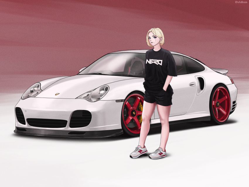 1girl absurdres band_shirt black_shirt black_shorts blonde_hair brown_eyes car grey_footwear hands_in_pockets highres looking_at_viewer merchandise motor_vehicle nero_(music_group) new_balance original porsche porsche_911 porsche_996 shadow shirt shoes short_hair shorts sneakers sports_car twitter_username vehicle_focus vlad_kuzmin white_car