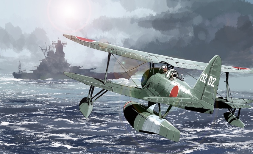 2boys aircraft airplane battleship biplane cannon cloud cloudy_sky commentary_request floatplane helmet imperial_japanese_navy matsuda_juukou military_vehicle multiple_boys ocean original pilot pilot_helmet propeller range_finder seaplane ship ship_turret sky smokestack vehicle_focus warship watercraft waves yamato_(battleship)
