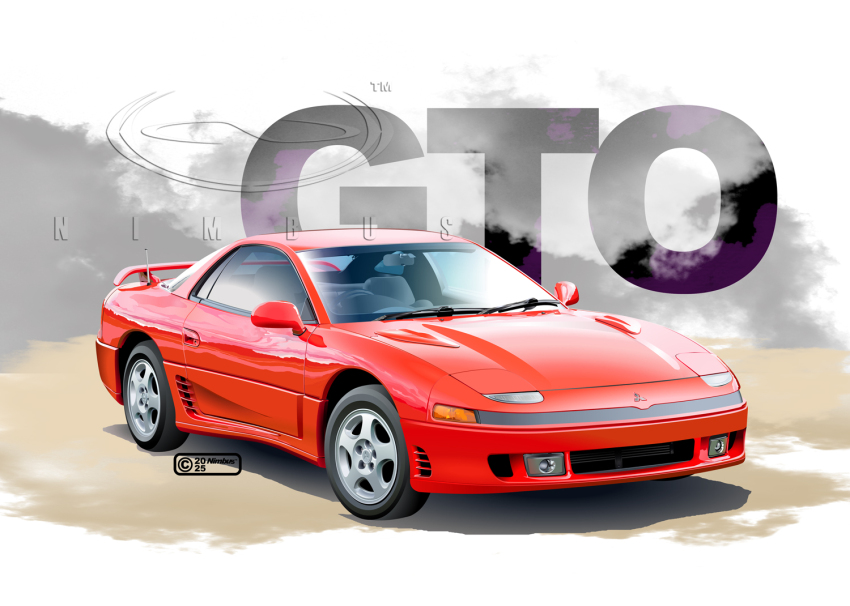 2025 artist_name car commentary_request copyright_notice dated english_text logo mitsubishi_gto mitsubishi_motors motor_vehicle nimbus_goldbrum no_humans original product_placement red_car shadow simple_background spoiler_(automobile) sports_car vehicle_focus watermark