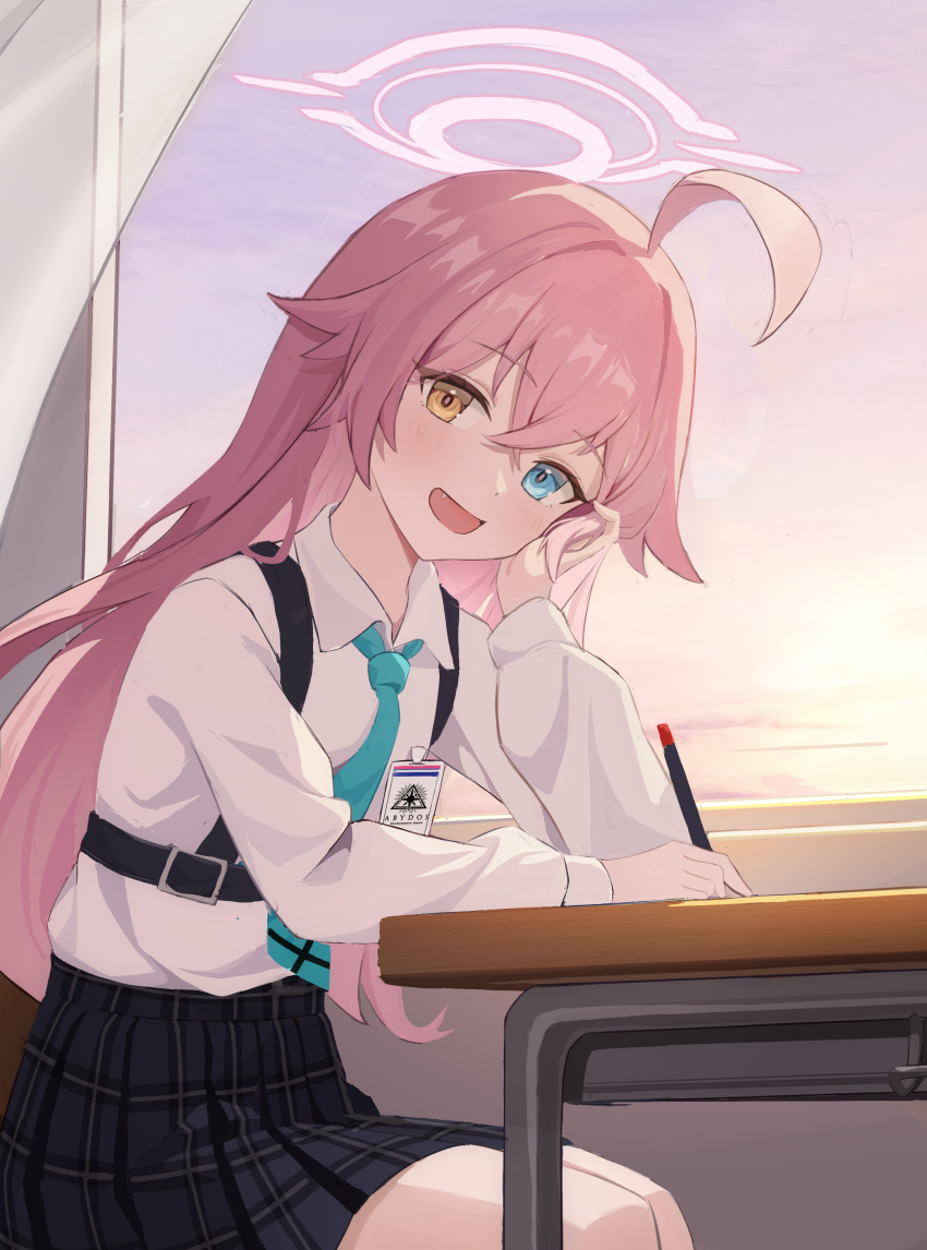 1girl absurdres ahoge aqua_necktie black_skirt blue_archive blue_eyes chest_harness chinese_commentary collared_shirt commentary_request desk fengshengruyu halo hand_up harness head_rest heterochromia highres holding holding_pen hoshino_(blue_archive) indoors long_hair long_sleeves looking_at_viewer necktie open_mouth pen pink_hair pink_halo plaid_clothes plaid_skirt school_desk shirt sitting skirt sky smile solo sunset white_shirt yellow_eyes