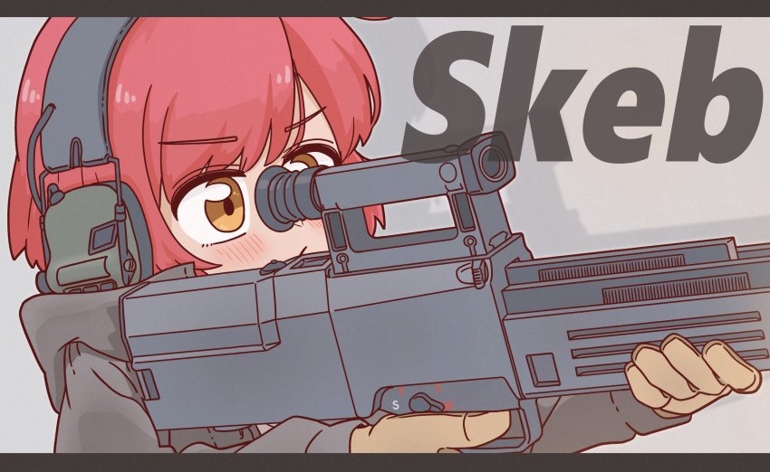 1girl advanced_combat_rifle_(military_program) advanced_individual_weapon_system_(military_program) advanced_infantry_weapon_system_(military_program) aiming assault_rifle association_for_caseless_rifle_systems blush bocchi-ya-nawi brown_eyes bullpup carbine caseless_ammunition_rifle_system_(military_program) caseless_firearm ear_protection earmuffs gesellschaft_fur_hulsenlose_gewehrsysteme gloves gun h&amp;k_acr h&amp;k_g11 h&amp;k_g11k2 heckler_&amp;_koch high-capacity_magazine highres horizontal_magazine long_gun magazine_(weapon) military_program original prototype prototype_design red_hair rifle scope sight_(weapon) single-stack_magazine telescopic_sight weapon