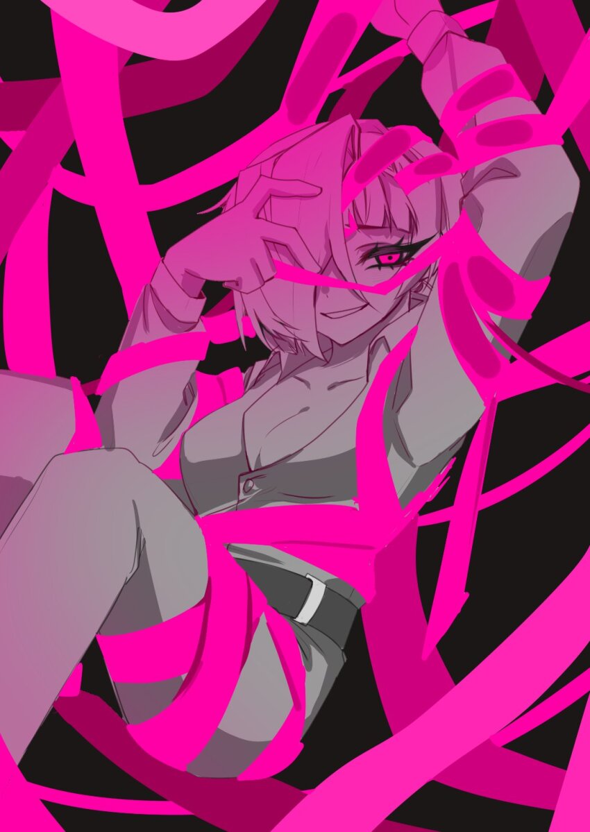 1girl belt black_background bound breasts cleavage collared_shirt e.g.o_(project_moon) hair_over_one_eye highres kromer_(project_moon) limbus_company long_sleeves longnai54335 looking_at_viewer partially_colored pink_eyes pink_ribbon project_moon ribbon roseate_desire_(e.g.o) shirt short_hair simple_background solo tied_up_(nonsexual) upper_body