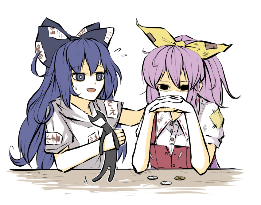 2girls blue_hair bow comforting defeat hair_bow hands_on_own_face hood hoodie long_hair multiple_girls patch peroponesosu. pink_hair poverty stuffed_animal stuffed_cat stuffed_toy torn_clothes touhou trait_connection very_long_hair watatsuki_no_yorihime yen yorigami_shion