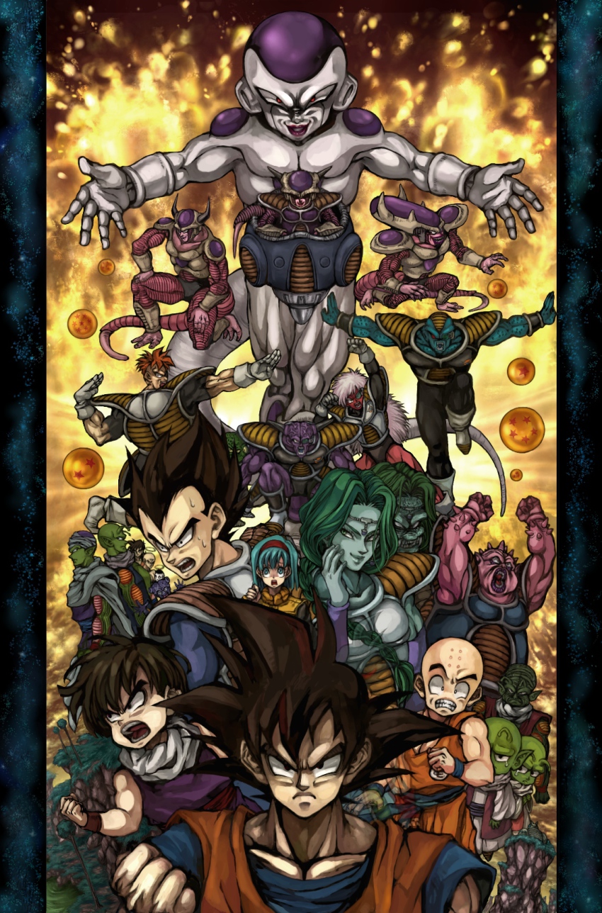 1st_form_frieza 2girls 2nd_form_frieza 3rd_form_frieza 6+boys alternate_form anko_kinako bad_id bad_pixiv_id bardock bulma burter captain_ginyu chaozu clothes_writing cui_(dragon_ball) dende dodoria dragon_ball dragon_ball_(object) dragonball_z dual_persona everyone final_form_frieza frieza ginyu_force ginyu_force_pose guldo halo highres jeice kuririn multiple_boys multiple_girls multiple_persona nail_(dbz) nail_(dragon_ball) piccolo recoome son_gohan son_goku tenshinhan transformation vegeta yamcha zarbon