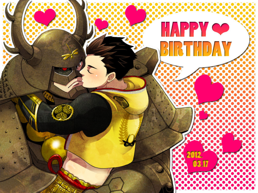 2boys arms_around_neck brown_eyes brown_hair closed_eyes dated frown gradient_background happy_birthday honda_tadakatsu_(sengoku_basara) jacket kiss male_focus midriff multiple_boys nyorori one_eye_covered polka_dot polka_dot_background sengoku_basara tokugawa_ieyasu_(sengoku_basara) yaoi yellow_jacket